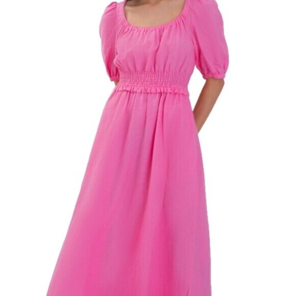 Aligne Women US4 Fuscha Pink Frederika Dress Smocked Puff Sleeve Pckt Linen Maxi - Picture 3 of 15